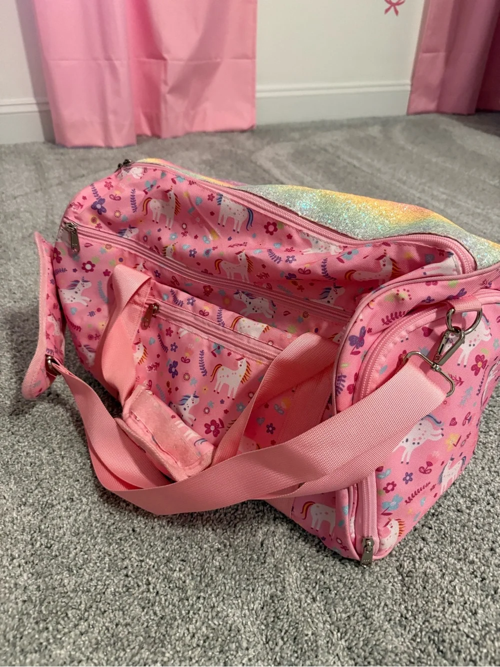 Kids Pink Unicorn Duffle dance Bag - Glitter Rainbow Travel Tote